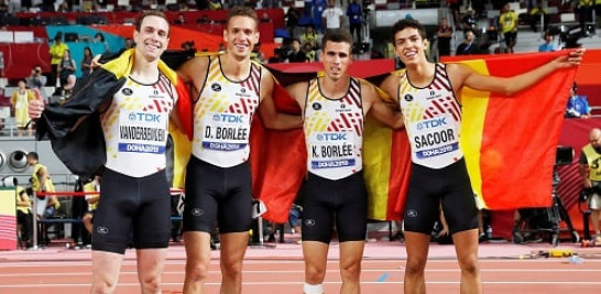 8.-Los hermanos Borlee, junto a Robin Vanderbemden (izquierd), en el relevo belga de 4 x 400 del Mundial de Atletismo de Catar de 2019. EFE/EPA/VALDRIN XHEMAJ