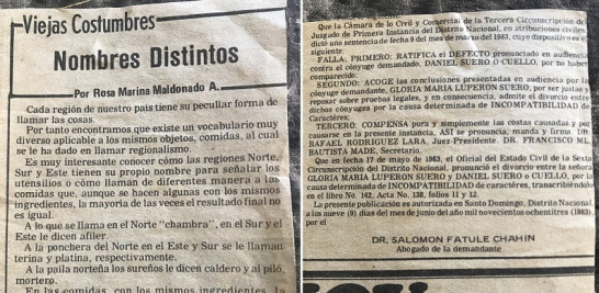 A la izquierda, recorte de la columna Viejas costumbres, de Rosa Marina Maldonado. A la derecha, publicación de divorcio en la parte posterior del recorte, que permitió datar la columna.