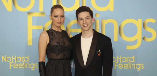 Jennifer Lawrence, left, and Andrew Barth Feldman pose upon arrival for the 'No Hard Feelings' premiere in London on June 12, 2023.