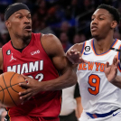 Jimmy Butler en plena jornada durante el primer partido de la serie entre el Heat y los Knicks