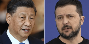 La combinación de fotos de archivo muestra al presidente chino Xi Jinping en Bangkok, Tailandia, 19 de noviembre de 2022, y el presidente ucraniano Volodymyr Zelenskyy en las afueras de Kiev, miércoles 26 de abril de 2023.