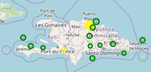 El mapa muestra los temblores ocurridos en la Isla Española en las últimas horas