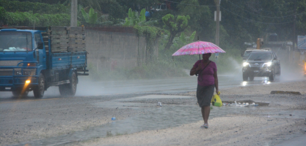 Mujer en carretera Sur se cubre de la lluvia.