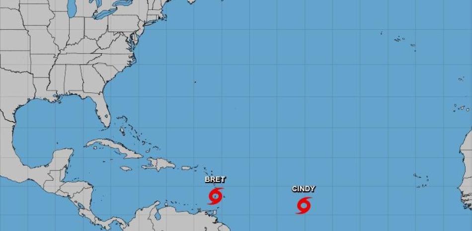 Gráfico del NHC que muestra localización de las tormentas tropicales Bret y Cindy