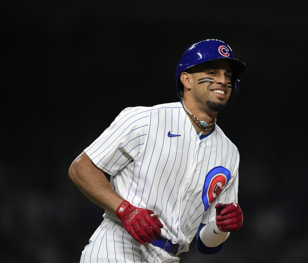El dominicano Christopher Morel sonríe tres batear un jonrón en el juego del martes 23 de mayo de 2023, ante los Mets de Nueva York