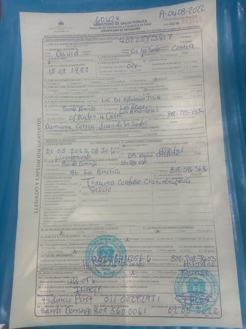Acta de defunción de David de los Santos. Foto LD.