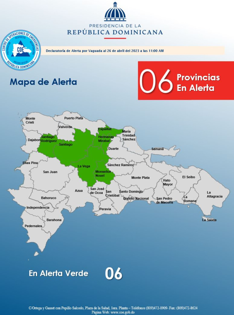 Mapa geográfico de provincias en alerta verde por lluvias.