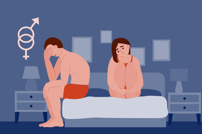 impotence and erectile dysfunction. sad woman and man in bed at night after bad sex. prostatitis and prostate cancer. a soft flaccid penis is frustrating for the patient. stock vector interior.