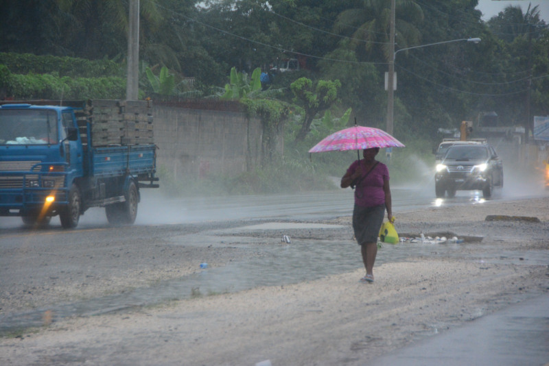 Mujer en carretera Sur se cubre de la lluvia.