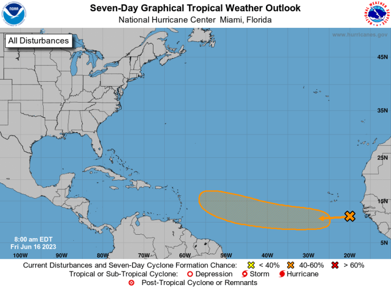 Pronóstico del clima tropical del entro Nacional de Huracanes de Miami, Florida, de este jueves 15 de junio de 2023, para el Atlántico Norte, Mar Caribe y el Golfo de México.