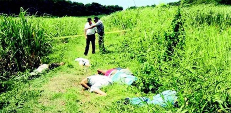 Los cadáveres del grupo asesinado en la matanza de Paya yacen sobre un terreno cercano a un área cañera de Ojo de Agua, en el distrito municipal Paya, de Baní.