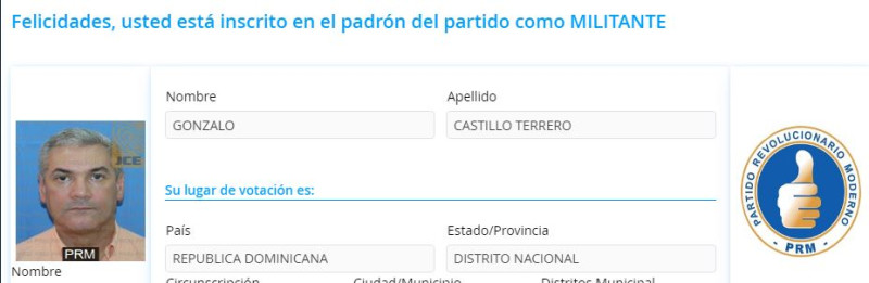 El excandidato presidencial, Gonzalo Castillo, aparece en el listado de militantes del PRM
