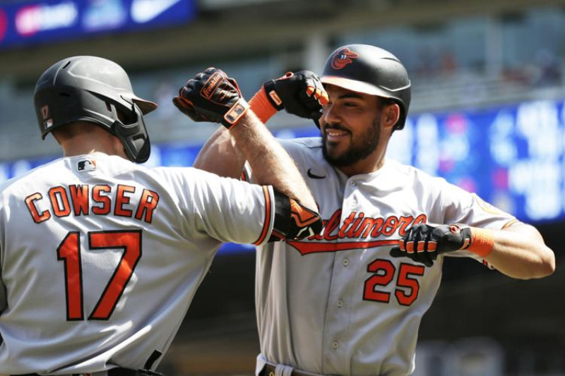 Anthony Santander y Colton Cowser celebran durante uno de los partidos de la temporada para los Orioles de Baltimore.